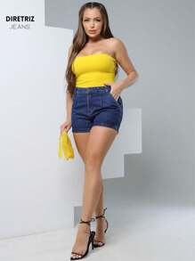 Jeans Guideline High Waist Short Jeans Thick Fabric 100% Jeans Dark Knife Pocket Premium Line - 查看 6