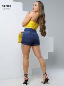 Jeans Guideline High Waist Short Jeans Thick Fabric 100% Jeans Dark Knife Pocket Premium Line - 查看 7