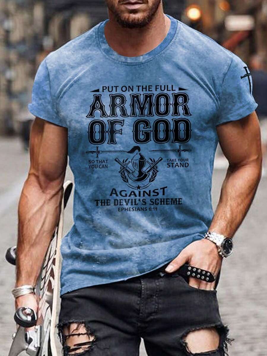 男士夏季休闲口号印花短袖 T 恤 - 淺藍色 - 查看 1