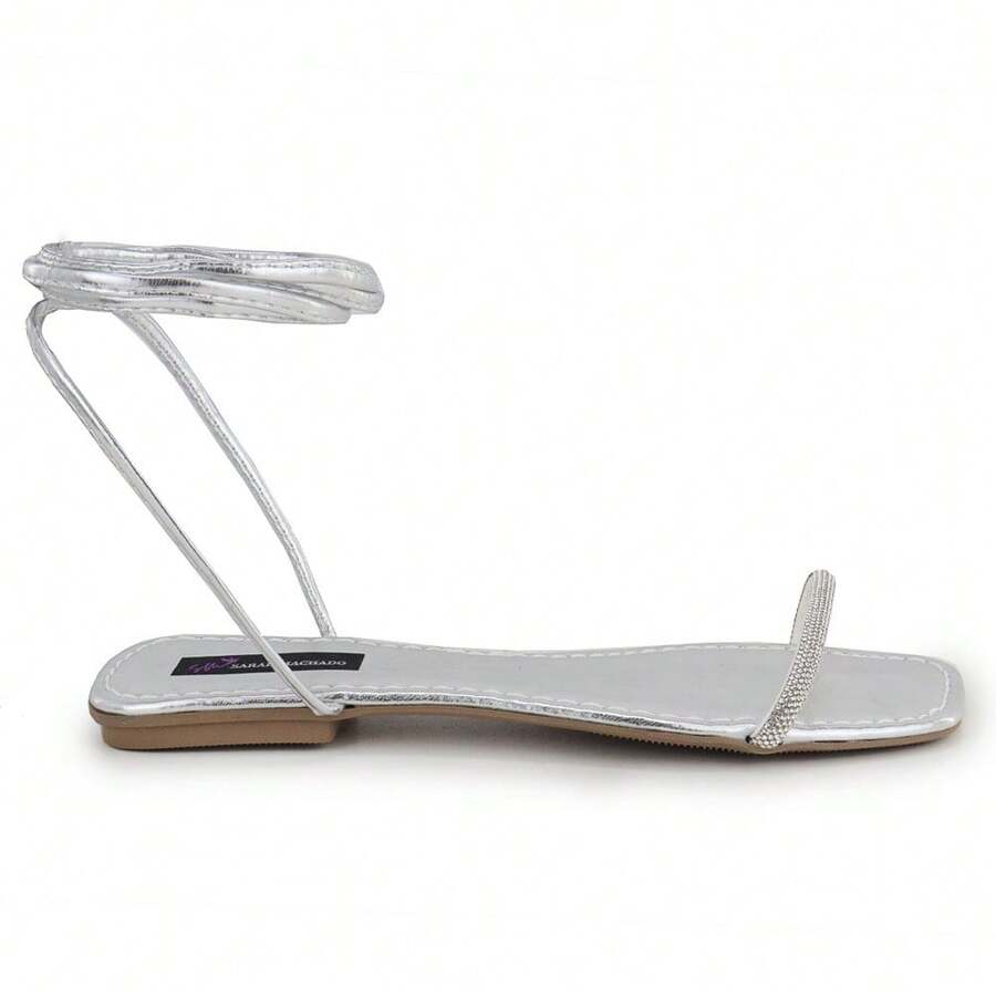 Women's Flat Sandal With Rhinestone Tie - Bạc - Xem 1