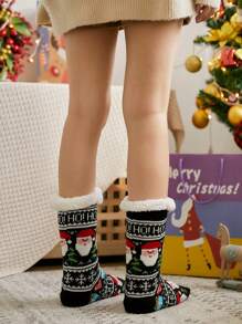 1 双女士圣诞袜，及膝黑色卡通地毯袜，加厚加绒加厚睡眠袜，家居服地板袜，适合圣诞节 - 黑色 - 查看 4