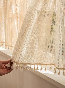 LOSPRING 1 件波西米亚风格米色钩针蕾丝流苏窗帘布 - 优雅透明镂空窗帘，适用于厨房、卧室和办公室 - 农舍家居装饰，轻柔手洗，具有戏剧性灯光效果的窗帘