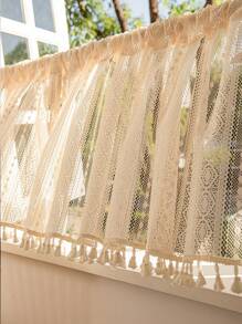 LOSPRING 1 件波西米亚风格米色钩针蕾丝流苏窗帘布 - 优雅透明镂空窗帘，适用于厨房、卧室和办公室 - 农舍家居装饰，轻柔手洗，具有戏剧性灯光效果的窗帘