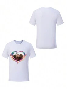 Customized Loose Crew Neck T-Shirt, Custom Print Photo Of Friends/Couples/Family/Pets With Heart Shape, Family Gathering Uniform, Wedding Gift, Mother's Day Gift, Best Friend Gift, Anniversary Gift, Valentine's Day Gift, Gift For Her, Black Top, Autumn Clothes, Women Top - White - View 3