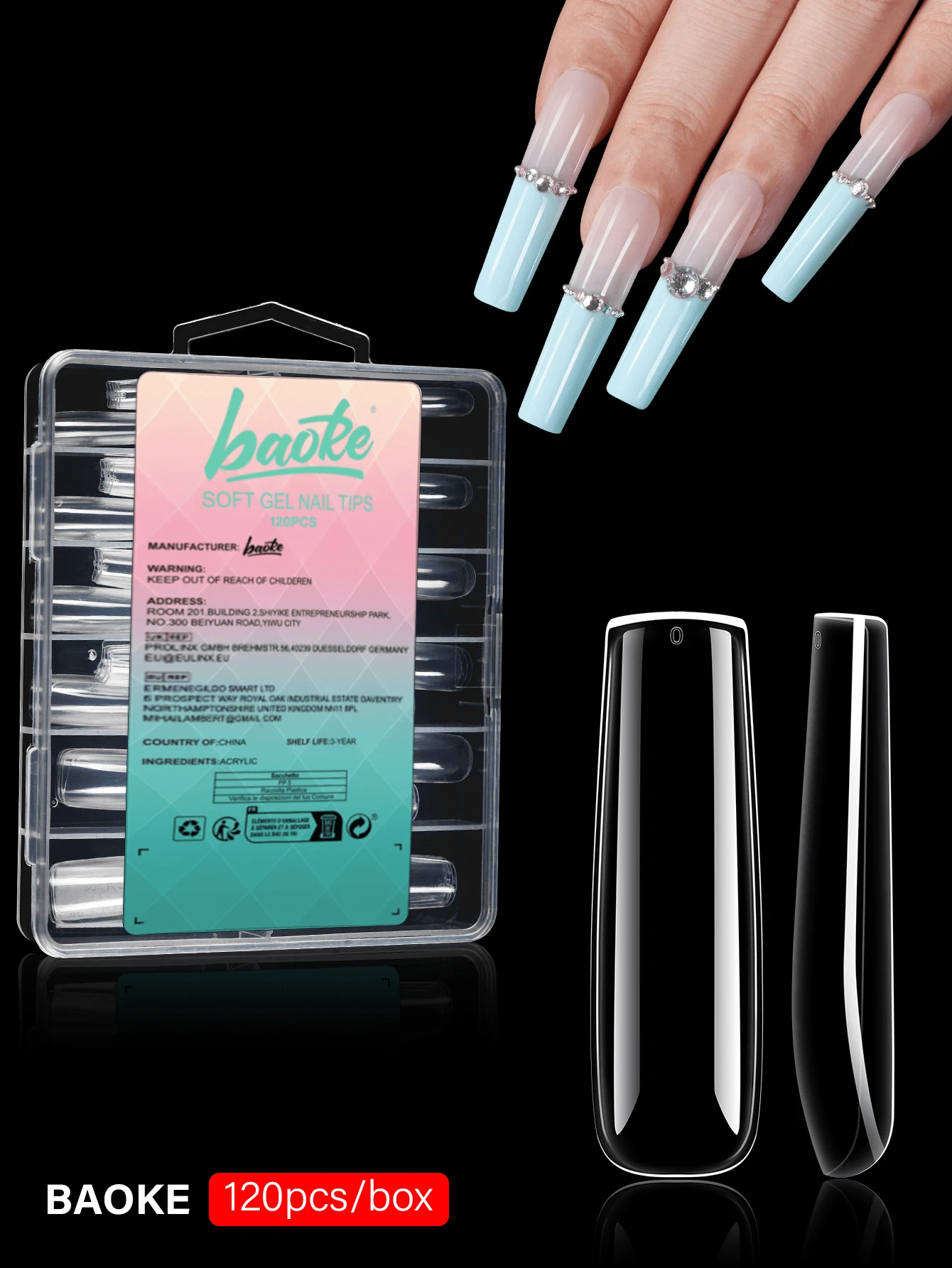 Baoke 春季全覆盖指甲片方形凝胶指甲 120 片夏季指甲无 C 曲线 XXL 超长直弧形假锥形适用于亚克力沙龙家居 DIY 带盒装按压指甲美甲用品