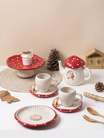 1pc High-End Creative Red Mushroom Ceramic Tea Set, Includes Teapot, Water Pot, Dessert Plate, Cup & Saucer, Luxurious Homeware