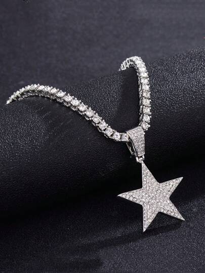 1件嘻哈银色五角星吊坠项链，镶满水钻，星形吊坠项链，女士情侣首饰