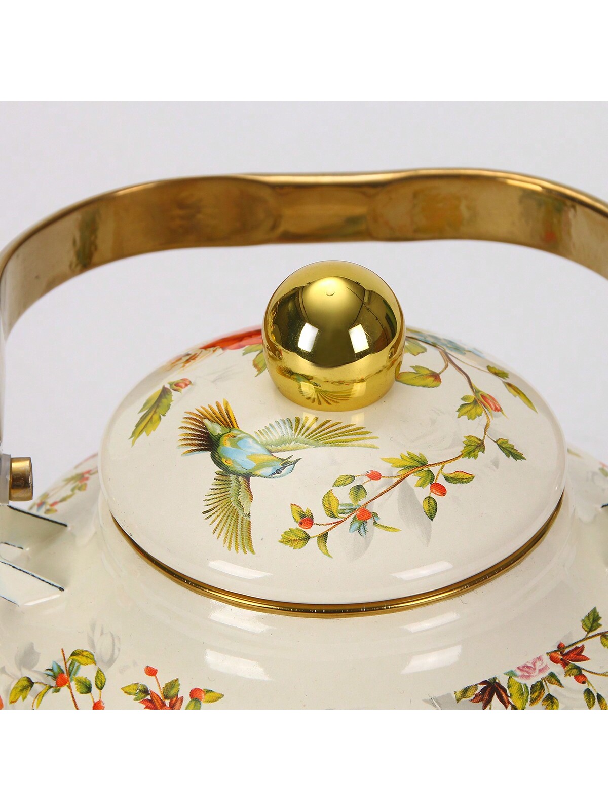 إبريق شاي مطلي بالمينا، بنمط طيور وزهور بطراز رجعي...