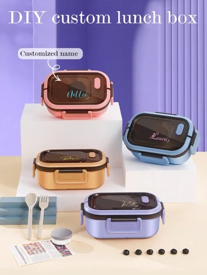 Personalized Customized Name Lunch Box (Free Fork, Spoon), Adult Or Child Boy And Girl Containers, 3 Compartments, Lunch Food Container With Cutlery, Sauce Jar, Pancake Liner, Microwave And Dishwasher Safe, Lunch Box To Avoid Confusion Christmas Gift