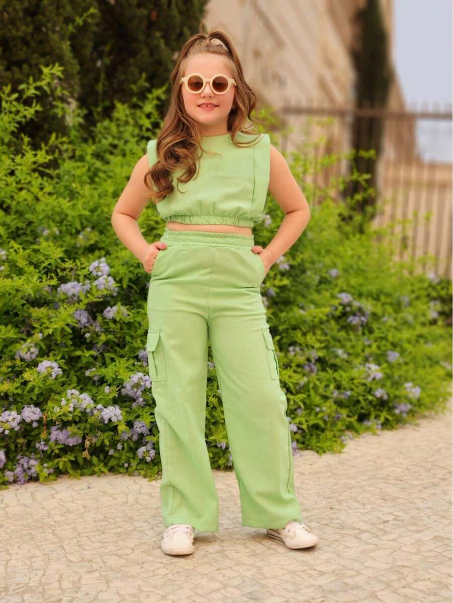 Conjunto de linho moda infantil calça e cropped blogueirinha verão 2025 ...