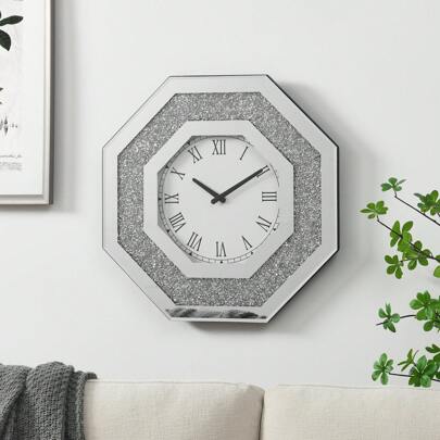 Denippa Octagon Mirror Glass Clock, Cute Diamond 20-Inch Non-Ticking Clock For Wall Décor, Perfect Home Decor For Bedroom, Bathroom Motif, Dining Room