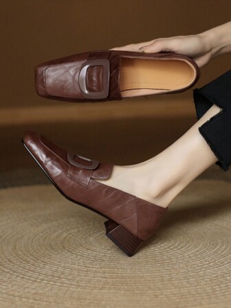 Women's Brown Square Toe Square Heel Slip-On Flat Loafers, Spring & Autumn