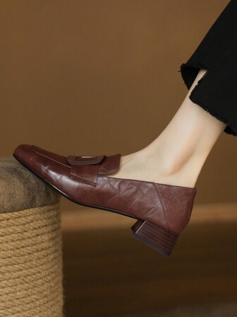 Damen Braune Loafers mit quadratischer Zehenbox und quadratischem Absatz, rutschfest, für Frühling & Herbst