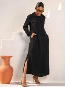 Women's Long Viscose Shirt Dress With Buttons - Black - View 7