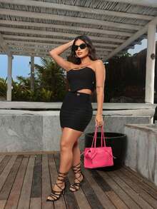 Cropped And Skirt Set - Đỏ - Xem 5