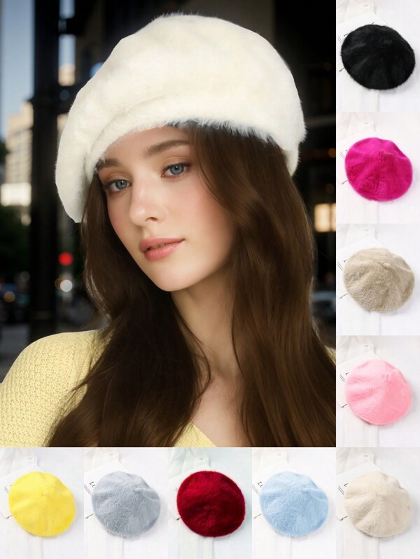 1pc Solid Color Vintage Rabbit Fur Beret, Cute And Fluffy For Fall/Winter Halloween