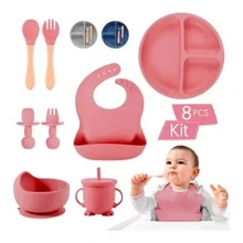 Set De Cubiertos Para Bebés Silicona Plato Antideslizante Material comestible, buen aspecto, ofrezca a sus hijos un entorno seguro para comer - Rosa - Ver 1