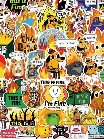 50pcs "This Is Fine" Funny Stickers, Meme Stickers For Laptop, Notebook, Envelope, Guitar, Luggage, DIY Crafts, Scrapbooking, Waterproof PVC Material