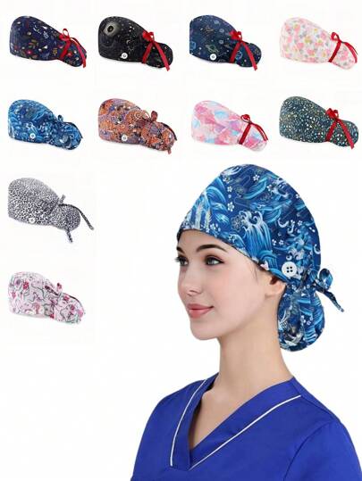 1 件装女士涤纶医用帽，带动物、花卉、波浪、豹纹图案，抗菌防尘，口罩绳钩，头带设计，适合医院医务人员万圣节