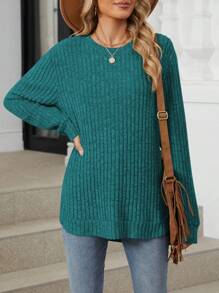 Women Long Sleeve Crewneck Sweatshirt Casual Ribbed Knit Loose Fit Shirts Tunic Tops Curved Hem Side Split Soft Pullover T-Shirts Blouses For Leggings Fall Fashion - màu xanh lá - Xem 4