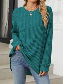 Women Long Sleeve Crewneck Sweatshirt Casual Ribbed Knit Loose Fit Shirts Tunic Tops Curved Hem Side Split Soft Pullover T-Shirts Blouses For Leggings Fall Fashion - màu xanh lá - Xem 1