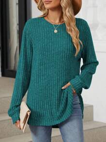 Women Long Sleeve Crewneck Sweatshirt Casual Ribbed Knit Loose Fit Shirts Tunic Tops Curved Hem Side Split Soft Pullover T-Shirts Blouses For Leggings Fall Fashion - màu xanh lá - Xem 2