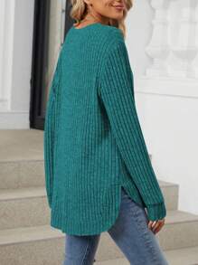 Women Long Sleeve Crewneck Sweatshirt Casual Ribbed Knit Loose Fit Shirts Tunic Tops Curved Hem Side Split Soft Pullover T-Shirts Blouses For Leggings Fall Fashion - màu xanh lá - Xem 6