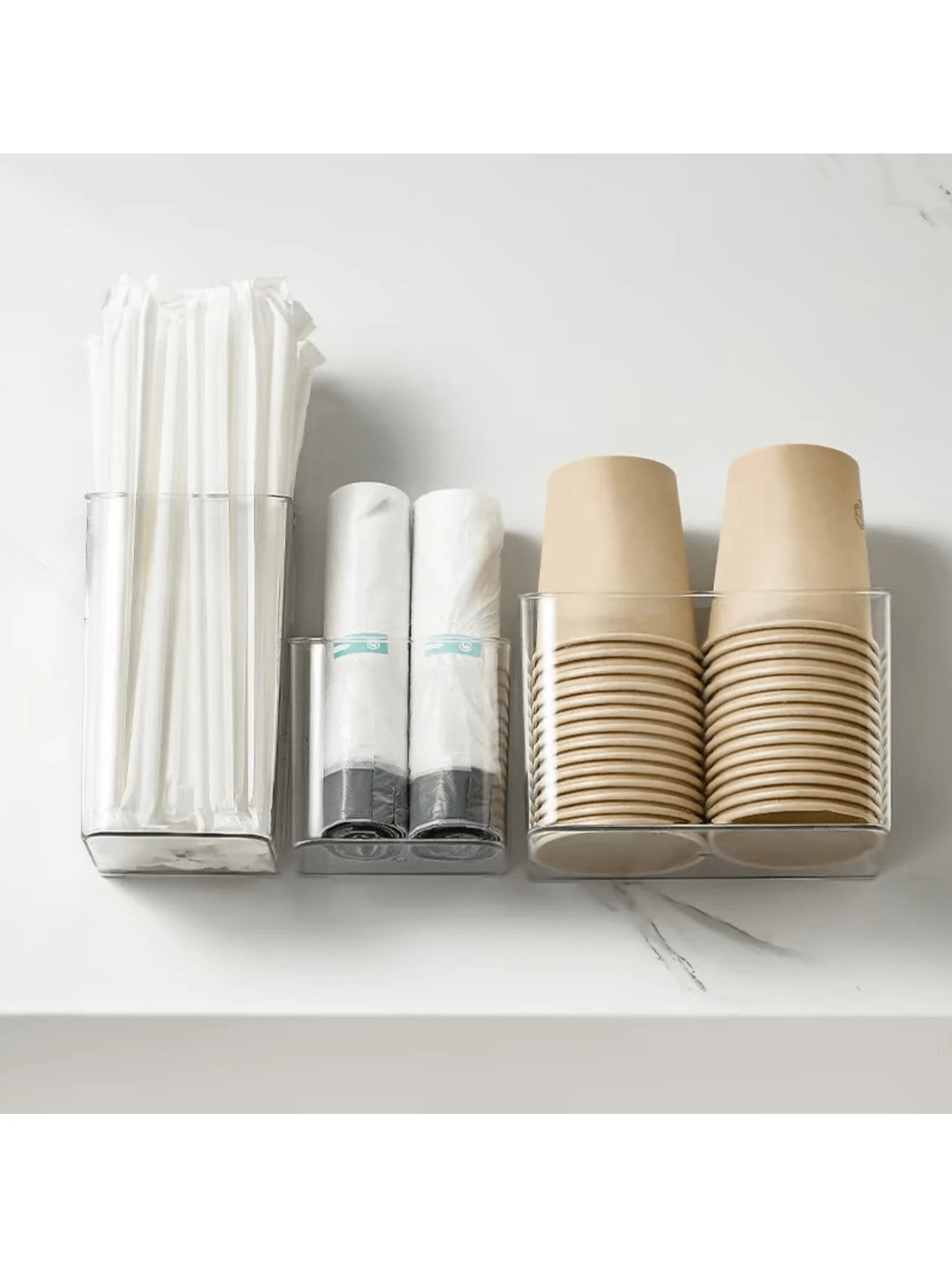 1pc Wall Mounted Storage Box, Makeup & Cosmetics Organizer, Disposable Cup & Straw Holder, Trash Bag Dispenser