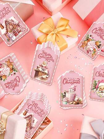 60st/set Santa Claus Snowman Rosa presentetiketter per förpackning, Bageri Presentförpackningsetiketter, Present Godisförpackningstillbehör, Julkul Festdekorationer,Jul