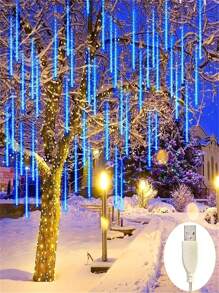 1pc 192 LED Meteor Shower Rain String Lights - Drop Icicle Snow Falling Raindrop Cascading Lights For Garden Wedding Party New Year Festivals, Valentine's Day Decorations, Solar Outdoor String Lights