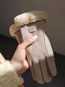 Wool Patchwork Fluffy Five-Finger Warm Thick Minimalist Gloves - Khaki + black - View 16