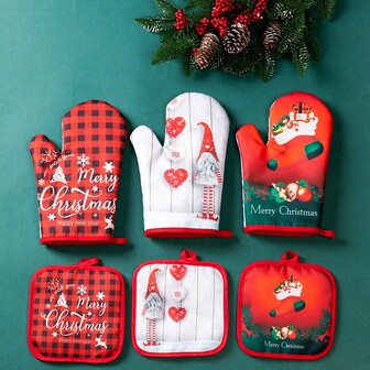 2pcs, Oven Mitts, Merry Christmas Theme Heat Resistant Mitts, Heat Insulation Mat, Microwave Baking Oven Insulation Gloves, Non-Slip Grip Surfaces And Hanging Loop Gloves, Kitchen Supplies, Kitchen Gadgets, Accessories, Christmas Decor