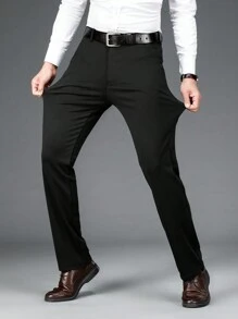 Men's Wrinkle-Resistant Elastic Business Trousers, Solid Color Straight Leg Slanted Pocket Casual Pants, Daily & Commute Wear