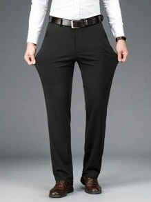 Men's Wrinkle-Resistant Elastic Business Trousers, Solid Color Straight Leg Slanted Pocket Casual Pants, Daily & Commute Wear