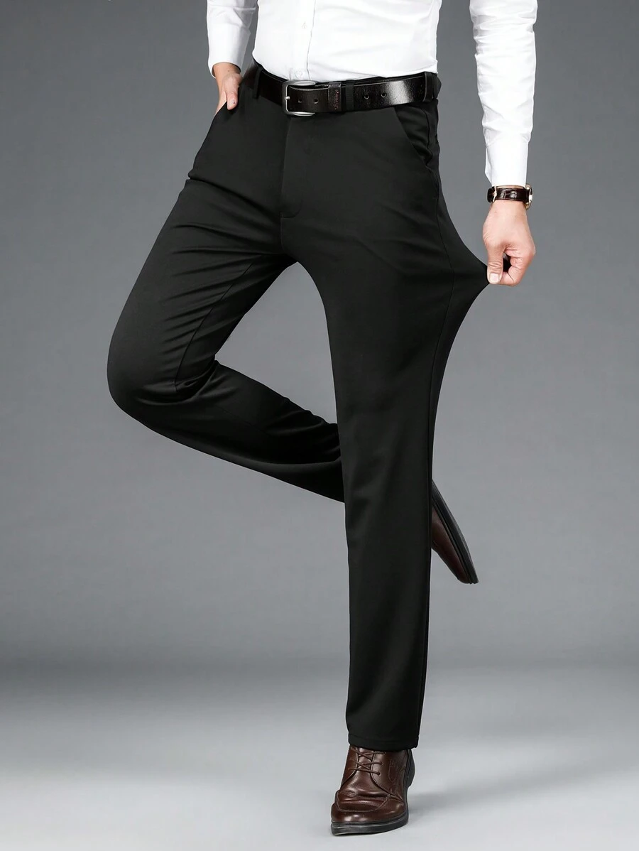 Men's Wrinkle-Resistant Elastic Business Trousers, Solid Color Straight Leg Slanted Pocket Casual Pants, Daily & Commute Wear