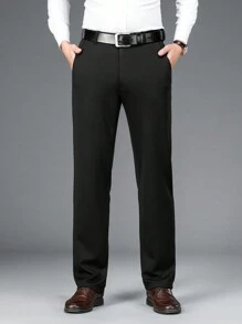 Men's Wrinkle-Resistant Elastic Business Trousers, Solid Color Straight Leg Slanted Pocket Casual Pants, Daily & Commute Wear
