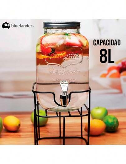 Bluelander Vitrolero De Vidrio 8L, Vitrolero Dispensador De Agua Con Base Hierro, Vitrolero, con Tapa Antifugas, Bebidas Frías, Dispensador Con Base