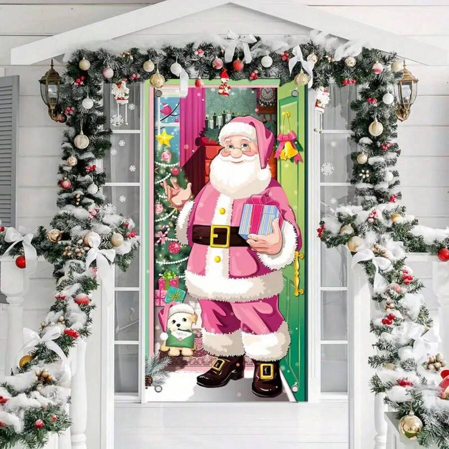 Trang trí cửa hiện đại hình ông già Noel màu hồng - Khắc tường Giáng sinh bằng polyester - 1 ảnh nền in ngày lễ, thích hợp cho trong nhà/ngoài trời - lý tưởng cho tiệc Giáng sinh và trang trí nhà cửa - 70,9 X 35,4 inch, Giáng sinh - Nhiều màu - Xem 1