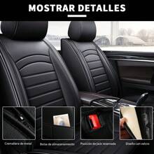 Funda de asiento universal, 5 asientos, incluye reposacabezas, funda para coche, funda de asiento de piel sintética, funda de asiento envolvente, universal para todas las estaciones, funda de asiento transpirable, adecuada para sedanes, camionetas, SUV, filas delanteras y traseras, funda de asiento negra, buena textura, festivales, regalos, modificaciones, protección del asiento, autopartes, Día del Padre, comodidad y lujo en los desplazamientos diarios, accesorios para el interior del coche - Negro - Ver 4