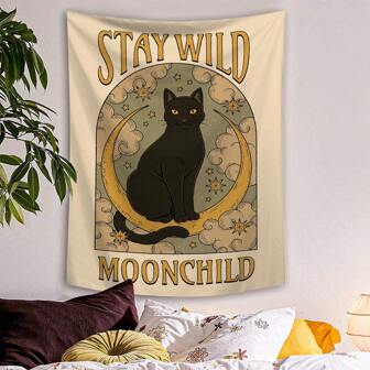 1 pieza Tapiz con impresión de gato negro y luna, material de poliéster, para colgar en la pared de la sala de estar, dormitorio, oficina, decoración del hogar, decoración de fiesta, de forma rectangular con herraje para colgar incluido, decoración de habitación, banderas para habitación, artículos para habitación, tapiz de pared