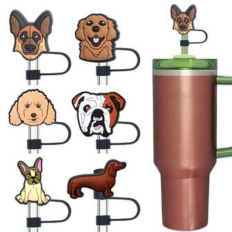6pcs Reusable Puppy Straw Lids - Dustproof Straw Covers Fit For 30oz And 40oz Glass Cups, Cute Animal Straw Accessories For Travel, Home, Office Water Bottles