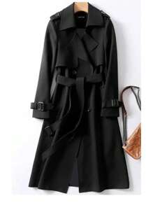 Double-Breasted Trench Coat With Slant Pockets And Belt - Black - View 1