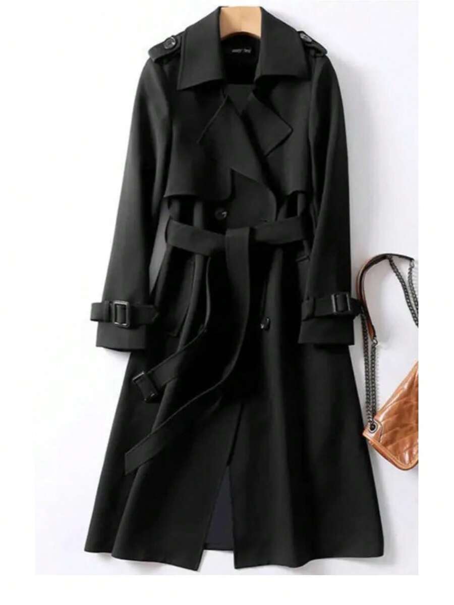 Double-Breasted Trench Coat With Slant Pockets And Belt - Black - View 1