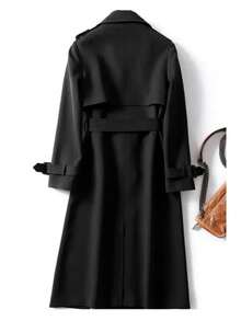 Double-Breasted Trench Coat With Slant Pockets And Belt - Black - View 3
