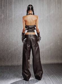 Low-Rise Distressed Wide-Leg PU Leather Pants