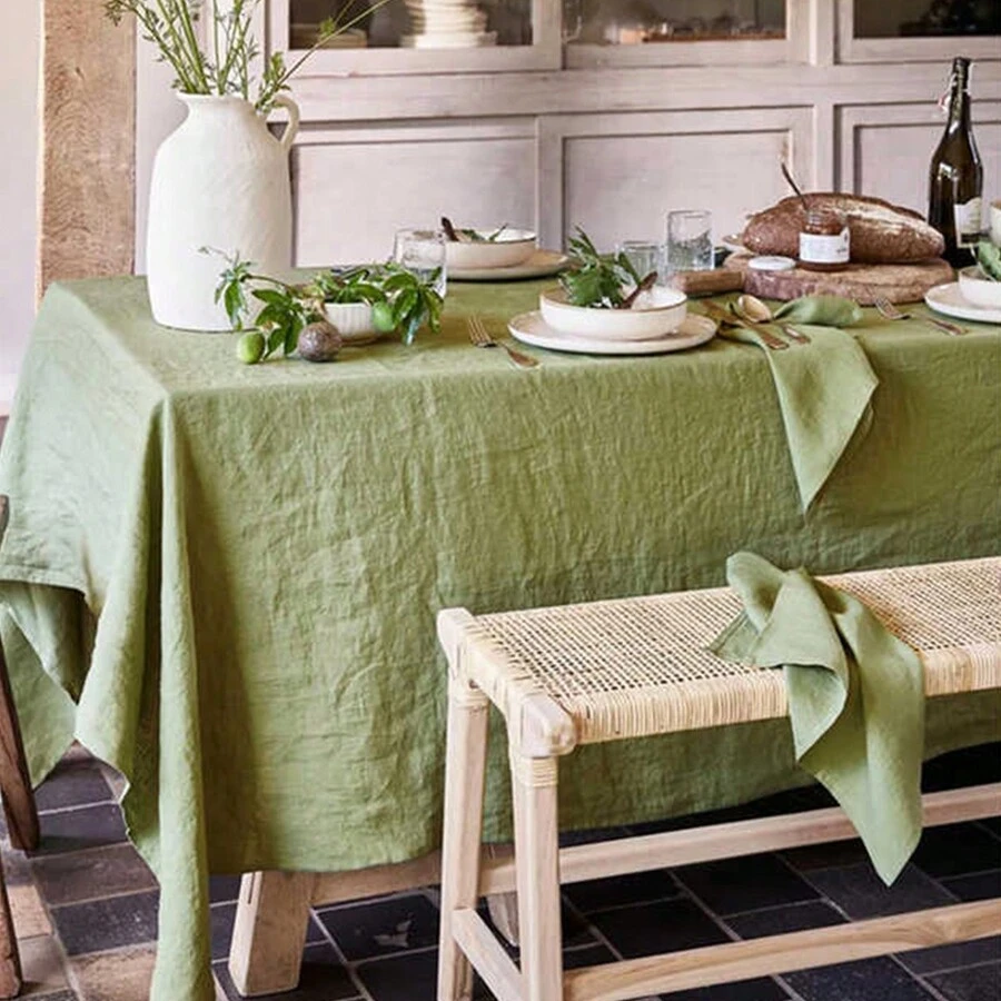 1pc Green Linen Solid Color Natural Table Cloth - Green - View 1