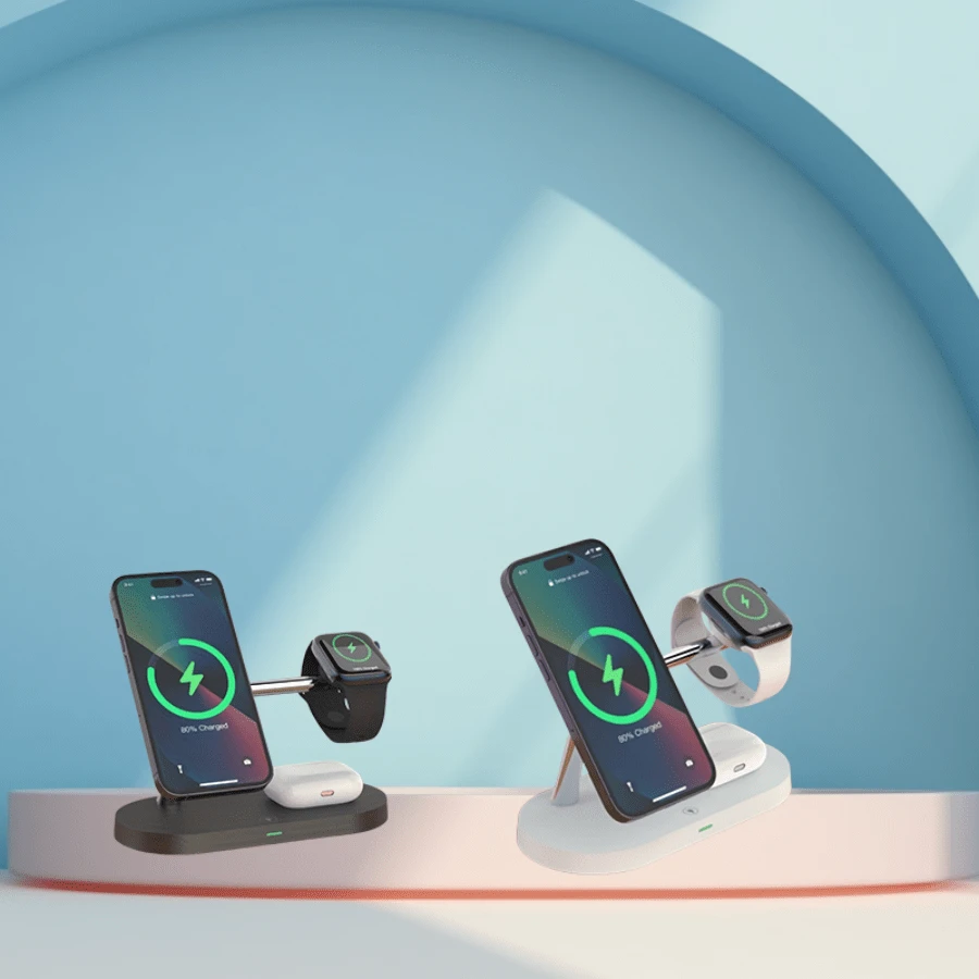 TIMESS Magnetic 5 In 1 Wireless Charger Stand 3 Devices At The Same Time , 15W Qi Fast Charging Dock Station Holder 3 Adjustable Light Compatible With IPhone 14/13/12 Pro Max Mini, Apple Watch SE/6/5/4/3/2, AirPods 3/2/Pro