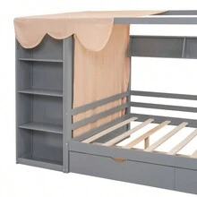 Full Size House Bed With Two Drawers And Wardrobe, Gray - 灰色+實木+全如圖 - 查看 8