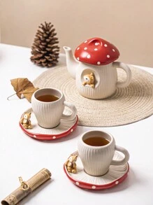 1 pièce Set à thé en céramique créatif haut de gamme en forme de champignon rouge, comprenant une théière, une verseuse, une assiette à dessert, une tasse et une soucoupe. Accessoires de maison de luxe.
