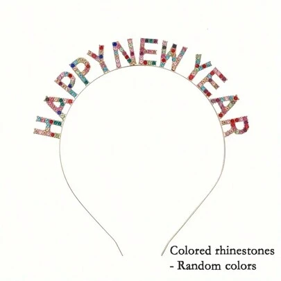 1pc Sparkly Rhinestone Headband - Women & Girls New Year Party Hair Accessory, Available In Gold, Silver, Colorful - HAPPY NEW YEAR Hair Hoop